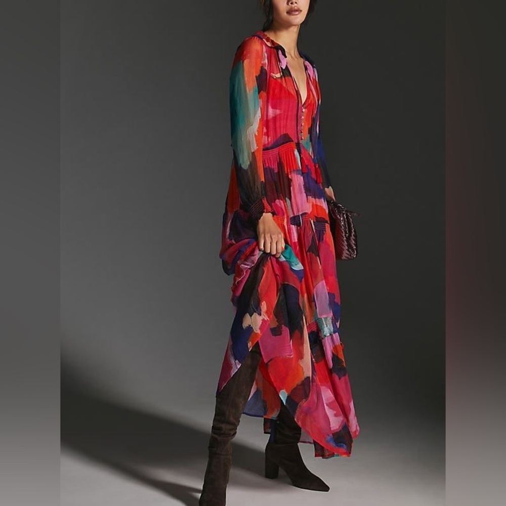 Anthropologie The Marais Printed Chiffon Unlined Sheer Maxi Dress Slip